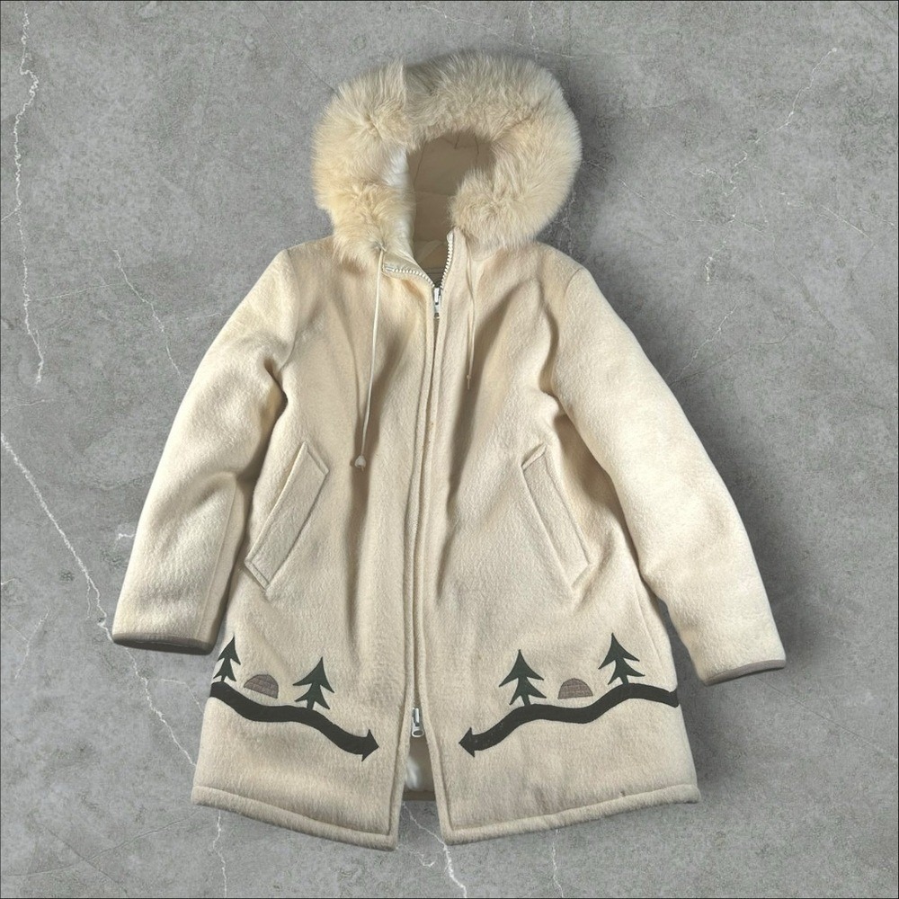 Vintage Hudson Bay Jacket Womens 12 Cream Wool Hooded Parka Christmas Pine Tree